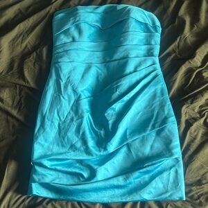 David's Bridal Blue Strapless Ruched Bodycon Dress